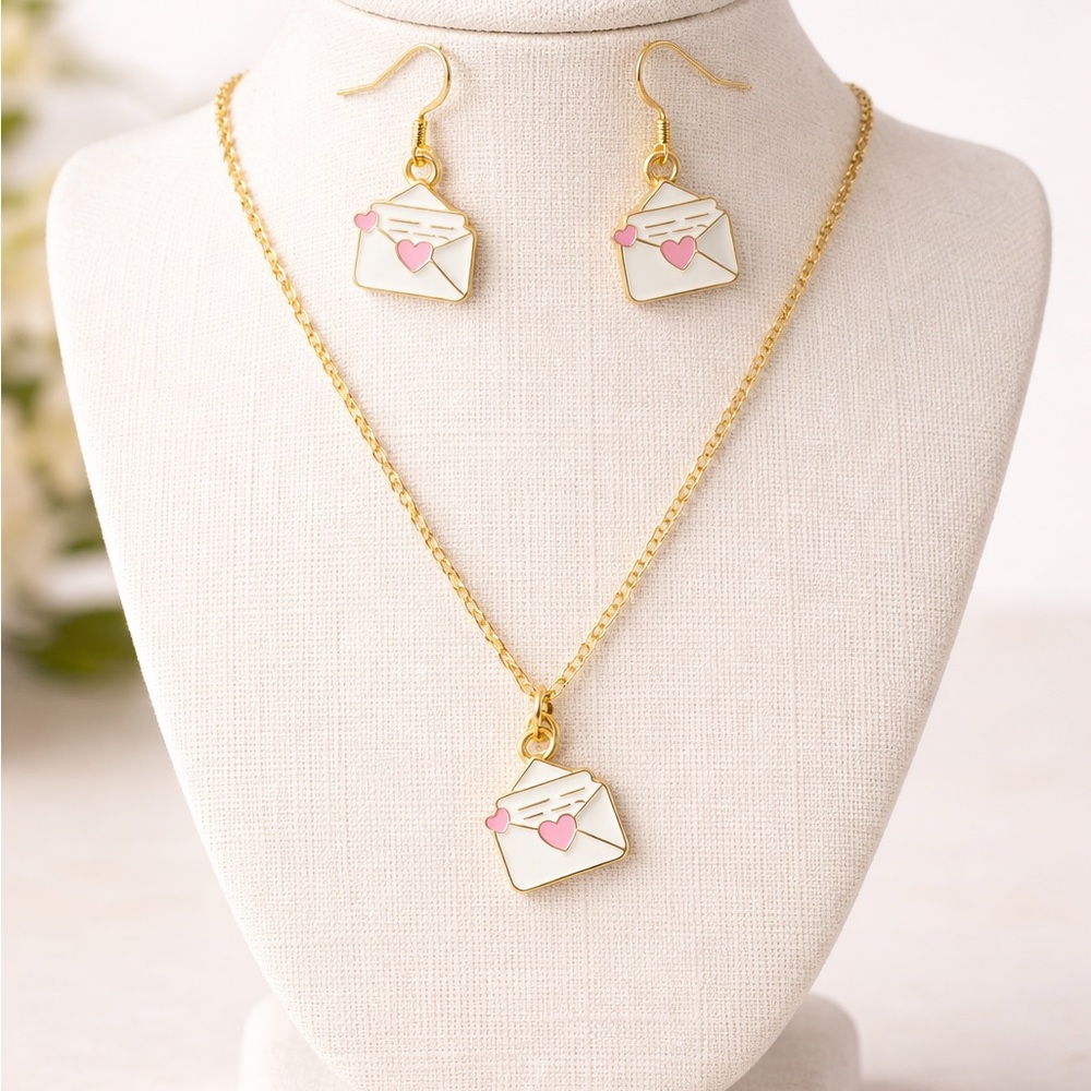 Love Letter Necklace and Earrings set 18k gold plated earring posts nickel free